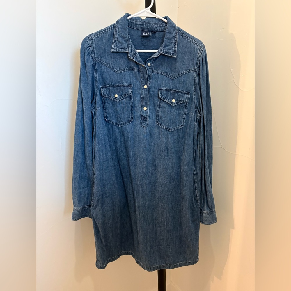 GAP Blue Denim Long Sleeve Dress - size M Tall